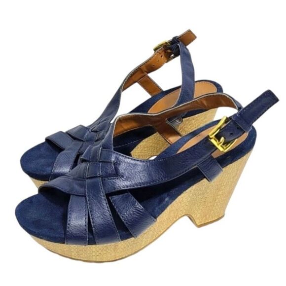 Chaps Sandals Womens Size 6B Open Toe Wedges Blue Slingback Raffia Style - Picture 1 of 9